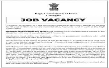 Job Vacancy for a post of Clerk in the High Commission